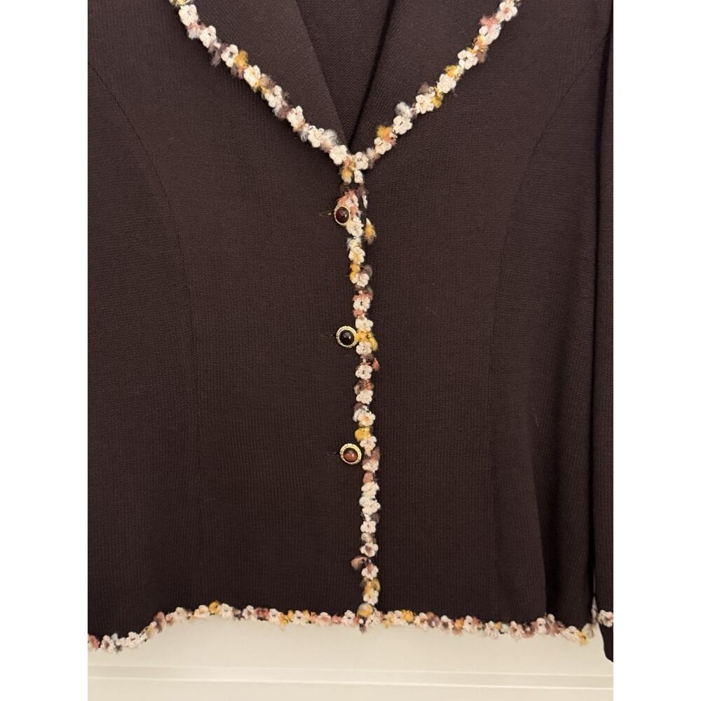 ST. JOHN Collection Knits Brown Jacket Sz 12 Multicolor Trim Office Wool Blend - Picture 2 of 11